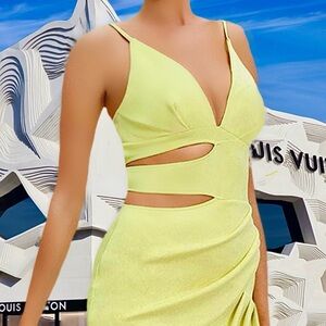 Satin Cut Out V Neck Midi Dress in Yellow